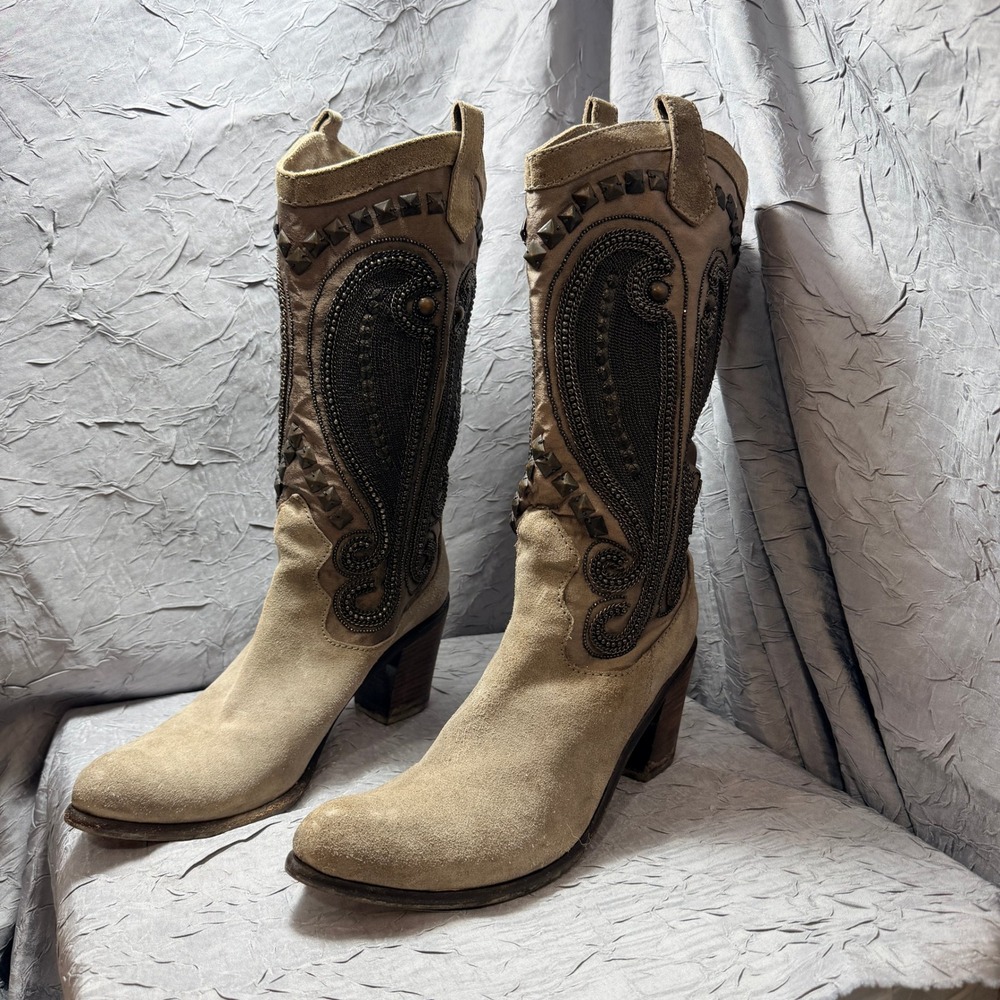 Coral Blue Tan Suede Bronze Metallic Western Studded Chain Boots EU 39